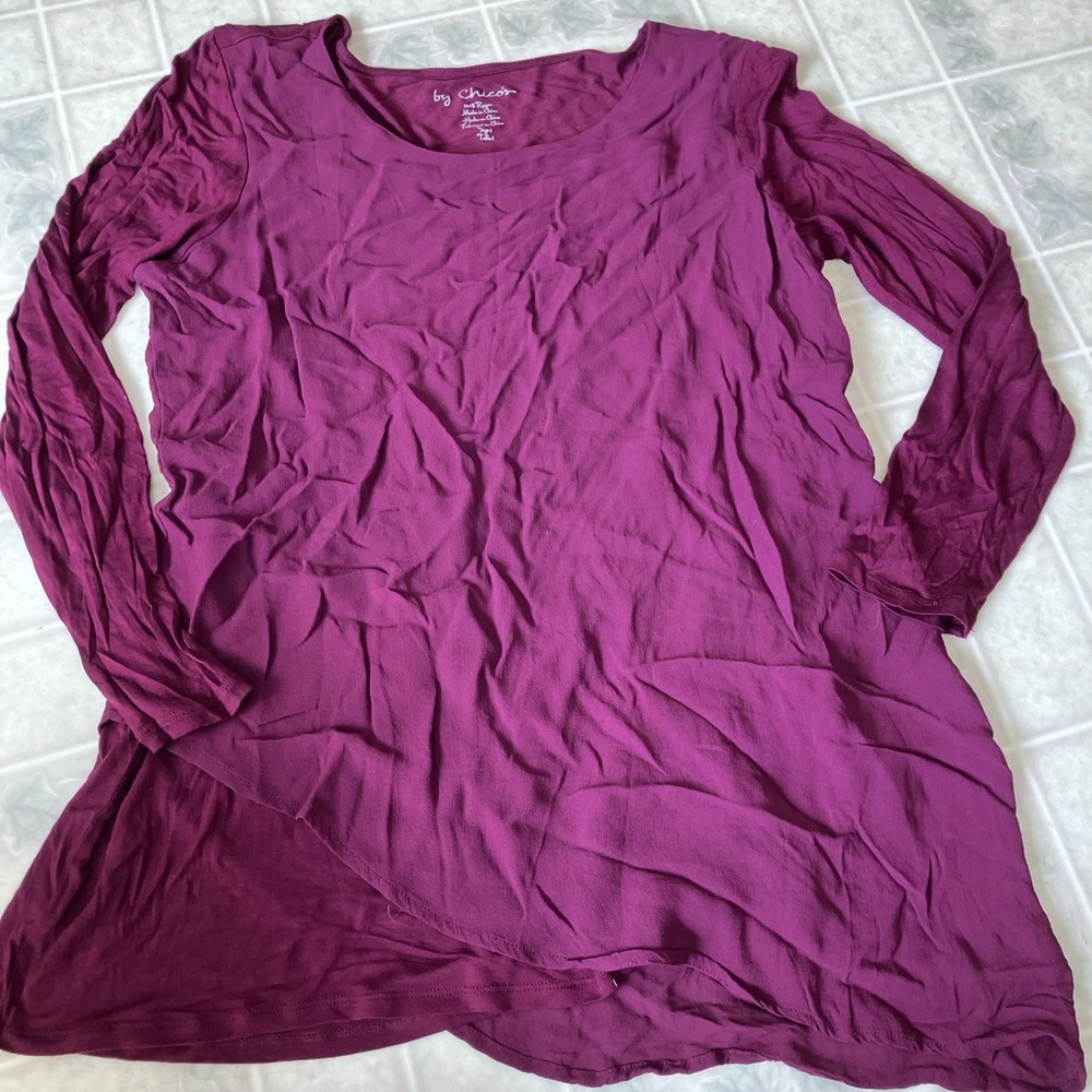 Chico's Raspberry Pink‎ Chiffon Overlay Long Sleeve Tee Size medium 1 3/4 sleeve